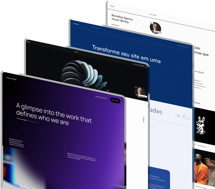 Layered website screenshots featuring business and design themes with text including 'A glimpse into the work that defines who we are' and 'Branding Agency Visual Identity.'